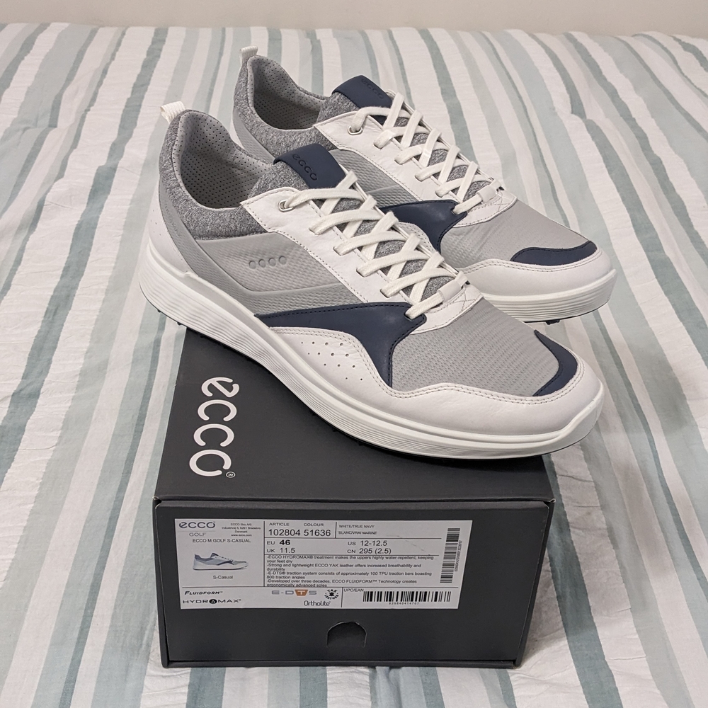 Men's Ecco Golf S-Casual Hydromax White Leather Sneakers Size EU 46 US 12-12.5